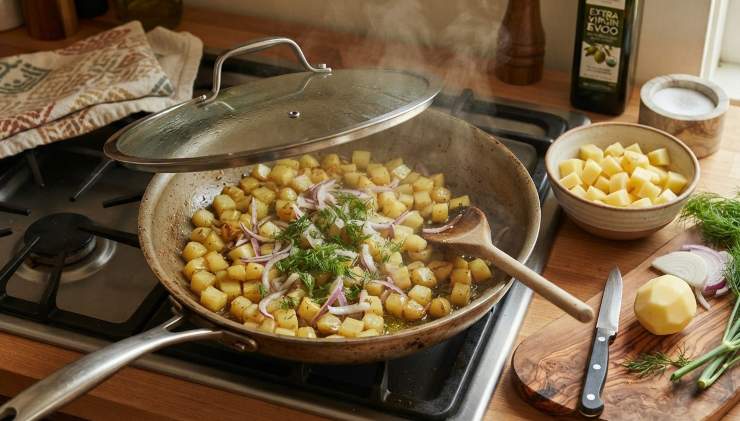 Sbucciate le patate e tagliatele a cubetti piccoli e regolari: scaldate 3 cucchiai di olio extravergine d’oliva in una capiente padella antiaderente insieme alla cipolla affettata sottilmente ed al finocchietto selvatico tritato. Aggiungete le patate, salate, coprite con il coperchio e lasciate cuocere a fuoco medio per circa 10 minuti, mescolando di tanto in tanto.