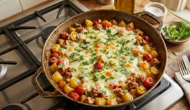 Proseguite la cottura senza coperchio per altri 5 minuti a fuoco vivo, rigirando delicatamente per far dorare le patate e formare quella deliziosa crosticina rosolata. Spegnete il fuoco, spolverate la superficie con un pizzico di origano secco e ricoprite tutto con il caciocavallo tagliato a cubetti. Coprite la padella con il coperchio per 2 minuti per far sciogliere il formaggio. Completate con una macinata di pepe nero, qualche ciuffetto di finocchietto fresco a crudo e servite subito direttamente in padella!