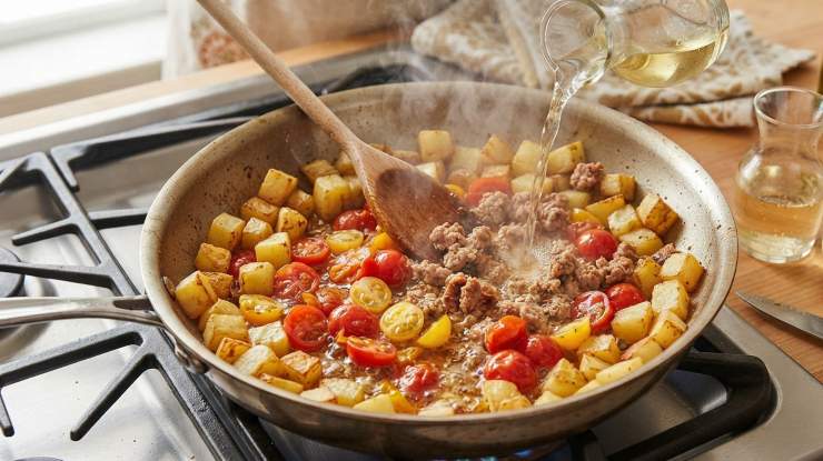 Togliete il budello dalle salsicce e sgranatele con le mani. Spostate le patate verso i bordi della padella, creando uno spazio al centro: mettete la carne ed i pomodorini tagliati a metà. Fate rosolare a fiamma vivace per 4-5 minuti schiacciando con un cucchiaio di legno, finché i pomodorini iniziano ad appassire rilasciando il loro succo. Sfumate con il vino bianco e lasciate evaporare l’alcol.