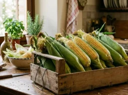 Una cassetta di legno grezzo piena di pannocchie di mais fresco con le foglie su un tavolo di legno in cucina rustica.