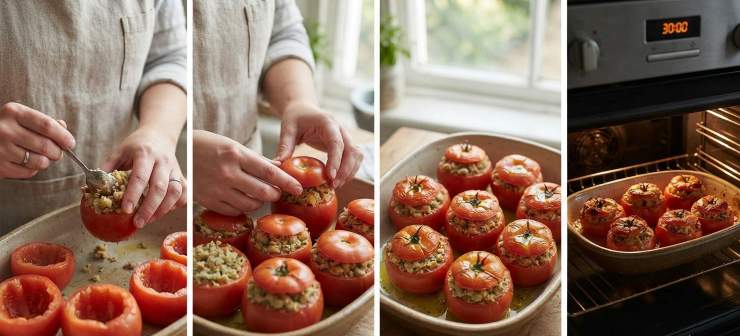 Farcite i pomodori con il composto preparato, premendo leggermente con un cucchiaio per compattarlo. Coprite con la calotta tenuta da parte. Disponete i pomodori in una pirofila da forno unta con un filo d’olio. Condite la superficie con un ultimo giro d’olio extravergine. Cuocete in forno preriscaldato a 200°C per circa 30-35 minuti. Se desiderate una gratinatura ancora più croccante, attivate la funzione grill negli ultimi 5 minuti di cottura.
