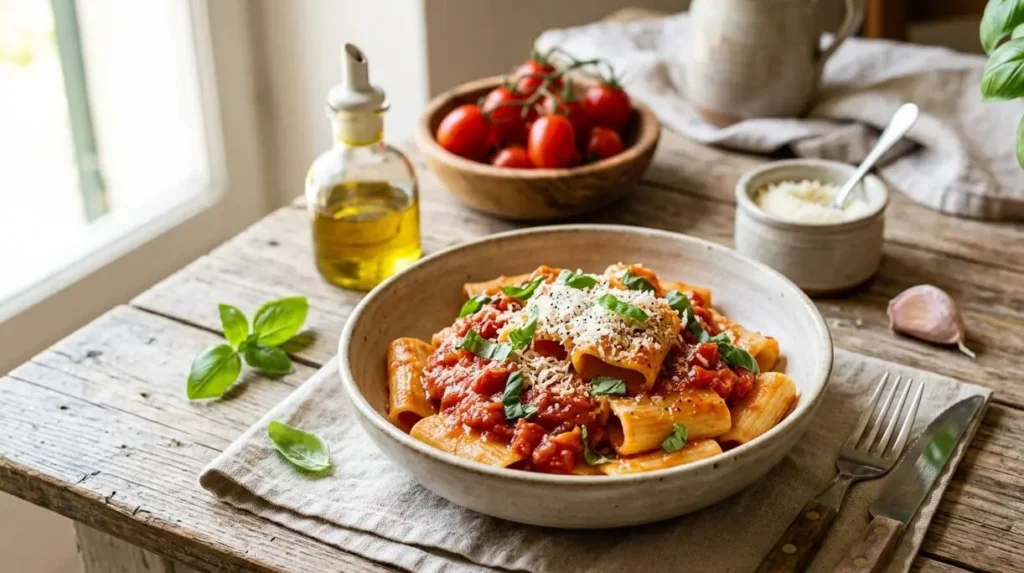 Piatto di pasta alla Picchio Pacchio siciliana con paccheri, pomodoro fresco, basilico e pecorino su tavolo in legno
