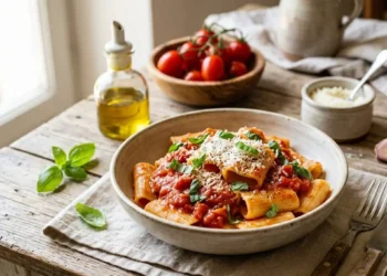 Piatto di pasta alla Picchio Pacchio siciliana con paccheri, pomodoro fresco, basilico e pecorino su tavolo in legno