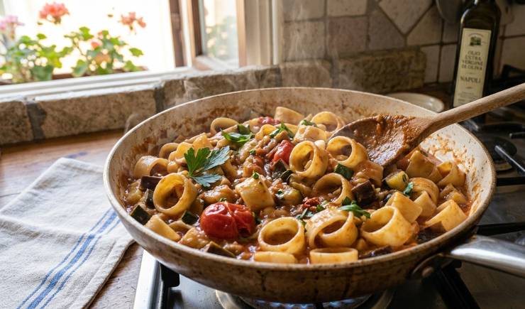 Non appena la calamarata sarà pronta, scolatela e trasferitela direttamente nella padella con il condimento cremoso. Saltate la pasta a fuoco vivo per un paio di minuti, muovendo la padella per fare in modo che ogni formato raccolga al meglio il sugo. Spegnete il fuoco, impiattate immediatamente e decorate ogni piatto con un’ultima spolverata di prezzemolo fresco e qualche fogliolina di basilico intera.