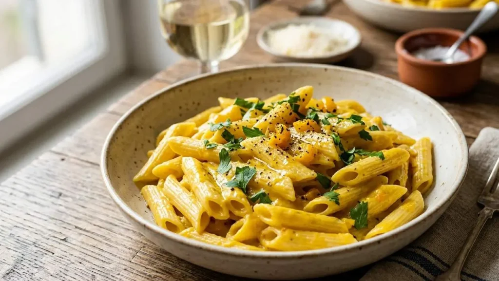 pasta-crema-peperoni-gialli-senza-panna-pronta Piatto di penne condite con crema vellutata di peperoni gialli e tofu senza panna, guarnito con prezzemolo fresco