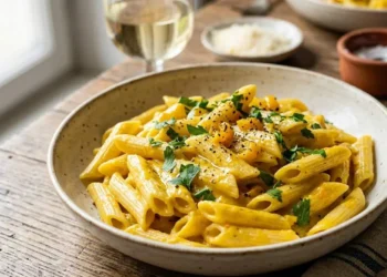 Piatto di penne condite con crema vellutata di peperoni gialli e tofu senza panna, guarnito con prezzemolo fresco