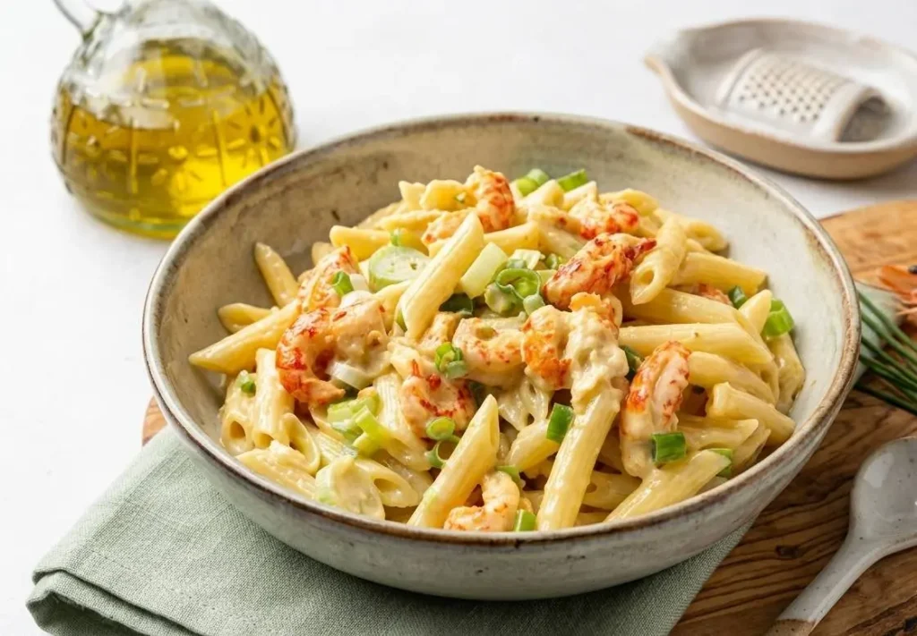 Primo piatto di pasta cremosa con gamberi, limone e cipollotto fresco servito in una ciotola di ceramica rustica.