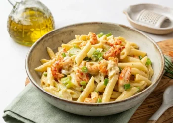 Primo piatto di pasta cremosa con gamberi, limone e cipollotto fresco servito in una ciotola di ceramica rustica.
