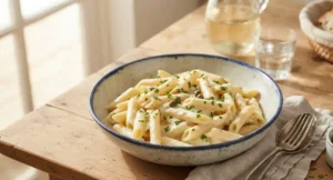 Piatto di penne rigate con salsa tonnata cremosa, guarnito con prezzemolo fresco e capperi, pronto da servire in tavola