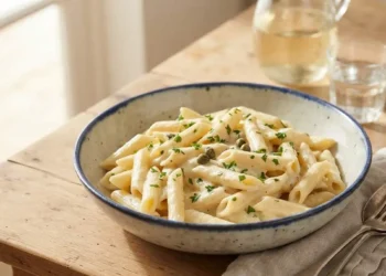 Piatto di penne rigate con salsa tonnata cremosa, guarnito con prezzemolo fresco e capperi, pronto da servire in tavola