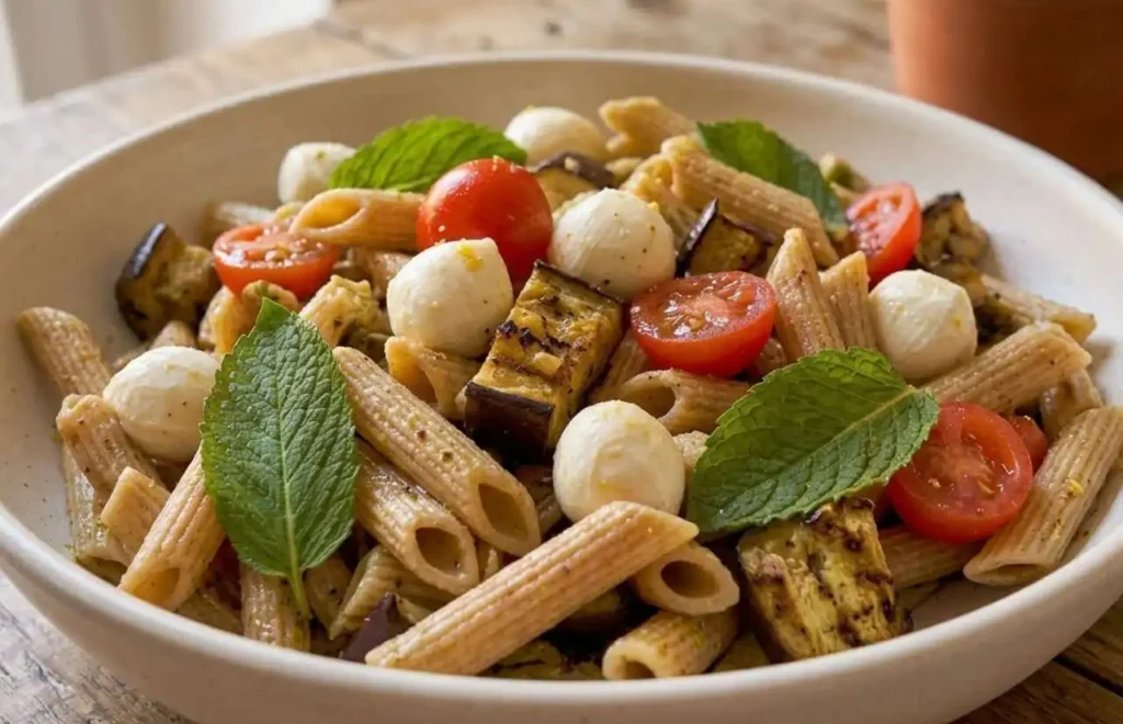 pasta-fredda-integrale-melanzane-mozzarella Insalata di pasta fredda integrale con cubetti di melanzane grigliate, mozzarelline, pomodorini e foglie di menta