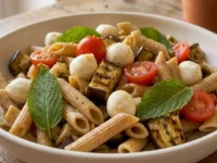 Insalata di pasta fredda integrale con cubetti di melanzane grigliate, mozzarelline, pomodorini e foglie di menta