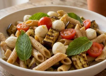 pasta-fredda-integrale-melanzane-mozzarella Insalata di pasta fredda integrale con cubetti di melanzane grigliate, mozzarelline, pomodorini e foglie di menta