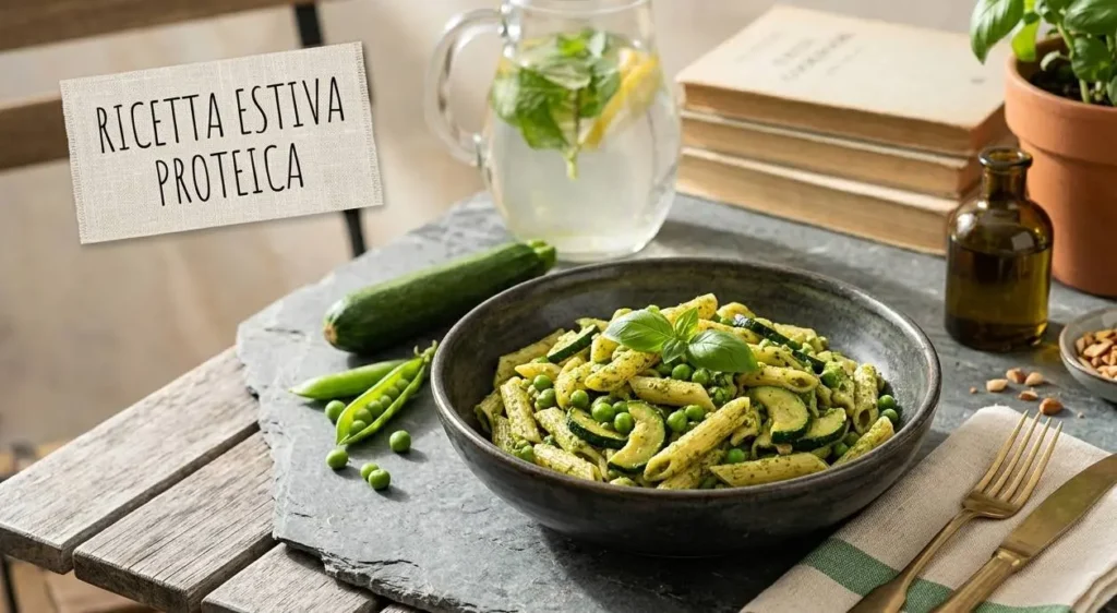 Pasta fredda proteica estiva con pennette, zucchine a rondelle e pesto di piselli freschi