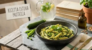 pasta-fredda-proteica-estiva-zucchine-piselli Pasta fredda proteica estiva con pennette, zucchine a rondelle e pesto di piselli freschi