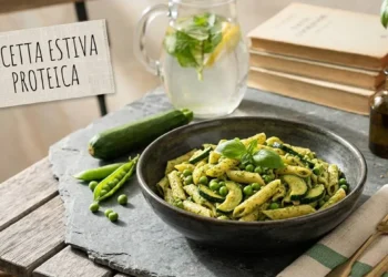 Pasta fredda proteica estiva con pennette, zucchine a rondelle e pesto di piselli freschi