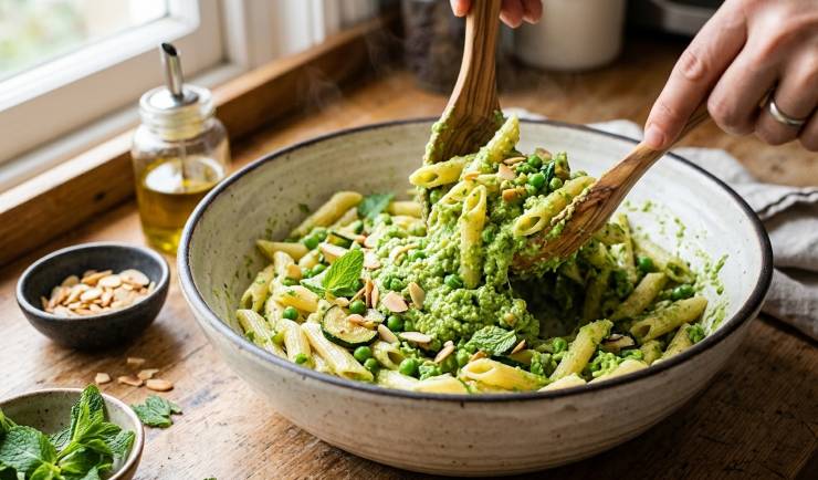Scolate la pasta al dente e passatela rapidamente sotto un getto di acqua fredda per bloccarne la cottura. Trasferitela in una ciotola capiente, conditela con il pesto di piselli appena preparato e amalgamate bene. Unite poi le zucchine saltate in padella e completate il piatto decorando con le restanti 5 foglioline di menta spezzettate a mano. Riponete l’insalata di pasta in frigorifero per almeno un’ora prima di portarla in tavola, in modo da far fondere perfettamente tutti i sapori.