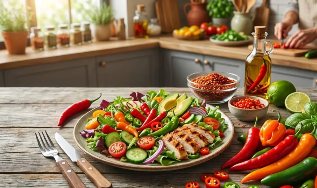 Peperoncino e alimentazione per dimagrire Piattino con insalata fresca, pollo grigliato e peperoncini colorati su un tavolo di legno in cucina, ideale per chi cerca un'alimentazione sana per perdere peso.