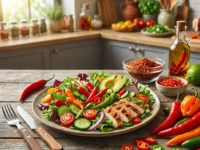 Piattino con insalata fresca, pollo grigliato e peperoncini colorati su un tavolo di legno in cucina, ideale per chi cerca un'alimentazione sana per perdere peso.