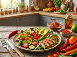 Peperoncino e alimentazione per dimagrire Piattino con insalata fresca, pollo grigliato e peperoncini colorati su un tavolo di legno in cucina, ideale per chi cerca un'alimentazione sana per perdere peso.