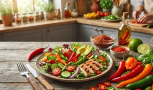 Piattino con insalata fresca, pollo grigliato e peperoncini colorati su un tavolo di legno in cucina, ideale per chi cerca un'alimentazione sana per perdere peso.