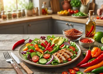 Piattino con insalata fresca, pollo grigliato e peperoncini colorati su un tavolo di legno in cucina, ideale per chi cerca un'alimentazione sana per perdere peso.