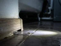 Pesciolino d'argento illuminato da una torcia sul pavimento del bagno vicino al battiscopa, in primo piano.
