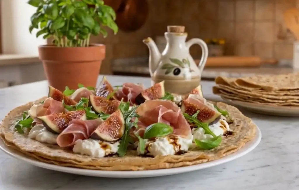 piadina-integrale-aperta-crudo-fichi-squacquerone Piadina integrale aperta servita su un piatto bianco con squacquerone cremoso, prosciutto crudo, fichi freschi tagliati a metà e rucola