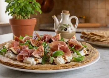 Piadina integrale aperta servita su un piatto bianco con squacquerone cremoso, prosciutto crudo, fichi freschi tagliati a metà e rucola