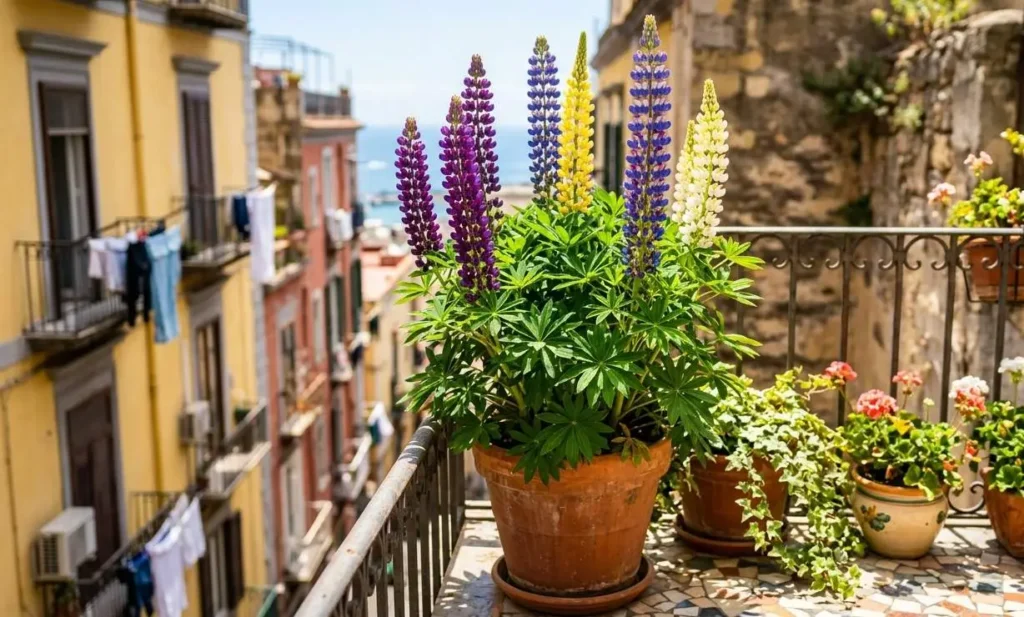 Coltivare lupini in vaso sul balcone Pianta di lupini colorati in vaso di terracotta posizionata su un balcone fiorito con vista panoramica.
