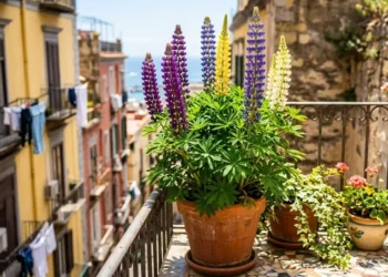Pianta di lupini colorati in vaso di terracotta posizionata su un balcone fiorito con vista panoramica.