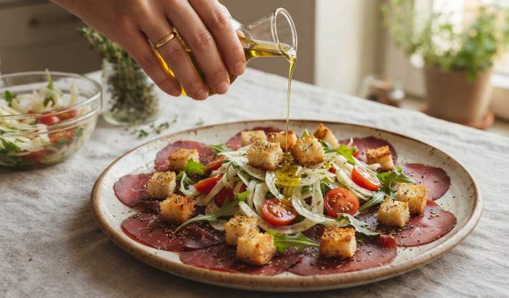 Distribuite generosamente l’insalata di finocchi e pomodorini al centro delle fette di bresaola o a mucchietti sparsi. Cospargete con i crostini al timo croccanti e completate con un ultimo filo d’olio a crudo e servite subito. Buon appetito!