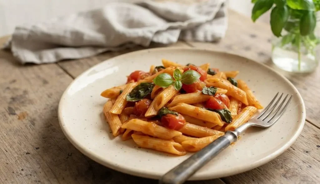 Piatto di ceramica con penne rigate al pomodoro fresco e basilico pronte da servire in tavola