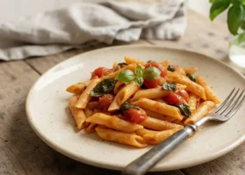 Piatto di ceramica con penne rigate al pomodoro fresco e basilico pronte da servire in tavola