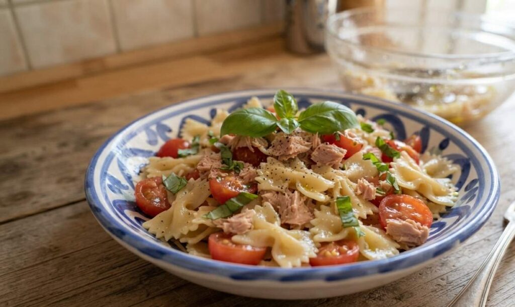 Piatto di farfalle fredde al tonno e pomodorini guarnito con basilico fresco, pronto per essere servito.