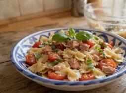 Piatto di farfalle fredde al tonno e pomodorini guarnito con basilico fresco, pronto per essere servito.