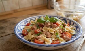 Piatto di farfalle fredde al tonno e pomodorini guarnito con basilico fresco, pronto per essere servito.