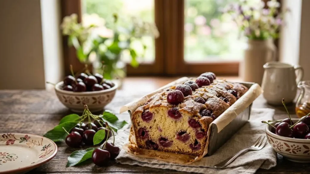 Plumcake alle ciliegie soffice e genuino appena sfornato su un tavolo di legno