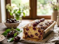 Plumcake alle ciliegie soffice e genuino appena sfornato su un tavolo di legno