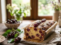 Plumcake alle ciliegie ricetta Plumcake alle ciliegie soffice e genuino appena sfornato su un tavolo di legno