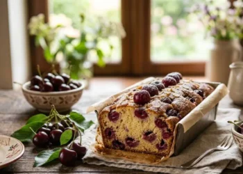 Plumcake alle ciliegie ricetta Plumcake alle ciliegie soffice e genuino appena sfornato su un tavolo di legno