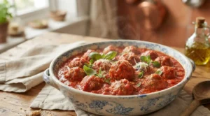 Polpette al sugo fatte in casa Polpette al sugo calde e fumanti in un piatto di ceramica decorate con basilico fresco su tavolo in legno