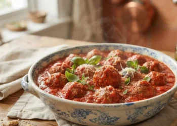 Polpette al sugo calde e fumanti in un piatto di ceramica decorate con basilico fresco su tavolo in legno