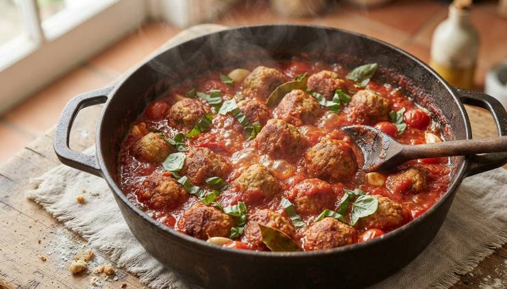 Versate nel tegame la passata di pomodoro, aggiustate di sale, coprite con il coperchio e lasciate cuocere a fiamma dolce per circa 25-30 minuti, mescolando di tanto in tanto per amalgamare i sapori. A fine cottura, spegnete il fuoco e profumate il sugo con abbondanti foglie di basilico fresco spezzettate a mano. Servite le vostre polpette al sugo ben calde, accompagnandole con fette di pane casereccio per la classica “scarpetta”.