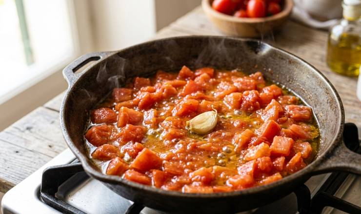 In una padella ampia, versate un generoso giro di olio extravergine d’oliva e fate dorare lo spicchio d’aglio leggermente schiacciato (se vi piace, aggiungete adesso anche il peperoncino). Unite i cubetti di pomodoro in padella, abbassate la fiamma e lasciate cuocere dolcemente per circa 15-20 minuti, mescolando di tanto in tanto. Regolate di sale e di pepe a fine cottura.
