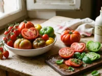 Pomodori da insalata assortiti, interi in una ciotola e tagliati a fette su un tagliere, con basilico fresco, sale e una bottiglia di olio d'oliva su un tavolo di legno rustico.
