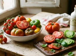Pomodori da insalata assortiti, interi in una ciotola e tagliati a fette su un tagliere, con basilico fresco, sale e una bottiglia di olio d'oliva su un tavolo di legno rustico.