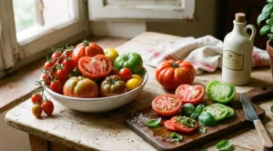 Pomodori da insalata assortiti, interi in una ciotola e tagliati a fette su un tagliere, con basilico fresco, sale e una bottiglia di olio d'oliva su un tavolo di legno rustico.