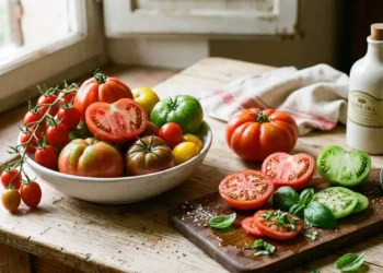 Pomodori freschi da insalata su un tavolo rustico Pomodori da insalata assortiti, interi in una ciotola e tagliati a fette su un tagliere, con basilico fresco, sale e una bottiglia di olio d'oliva su un tavolo di legno rustico.