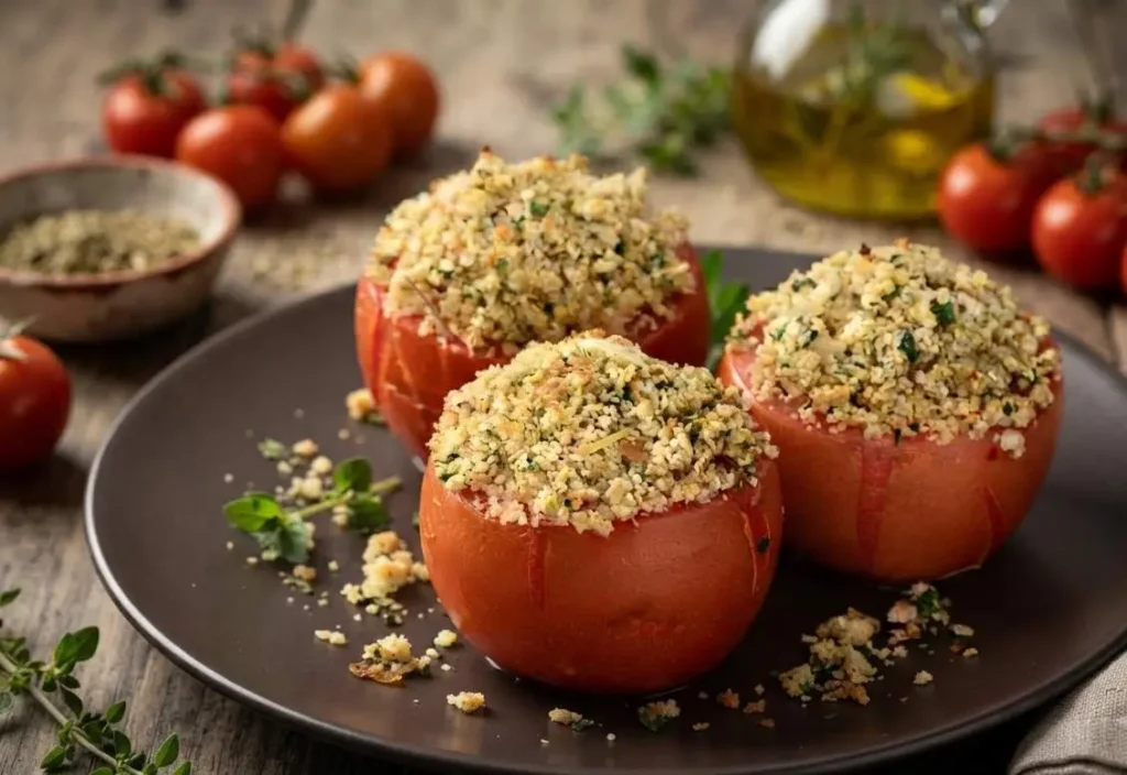Primo piano di tre pomodori ripieni gratinati al forno su piatto scuro, pronti da servire